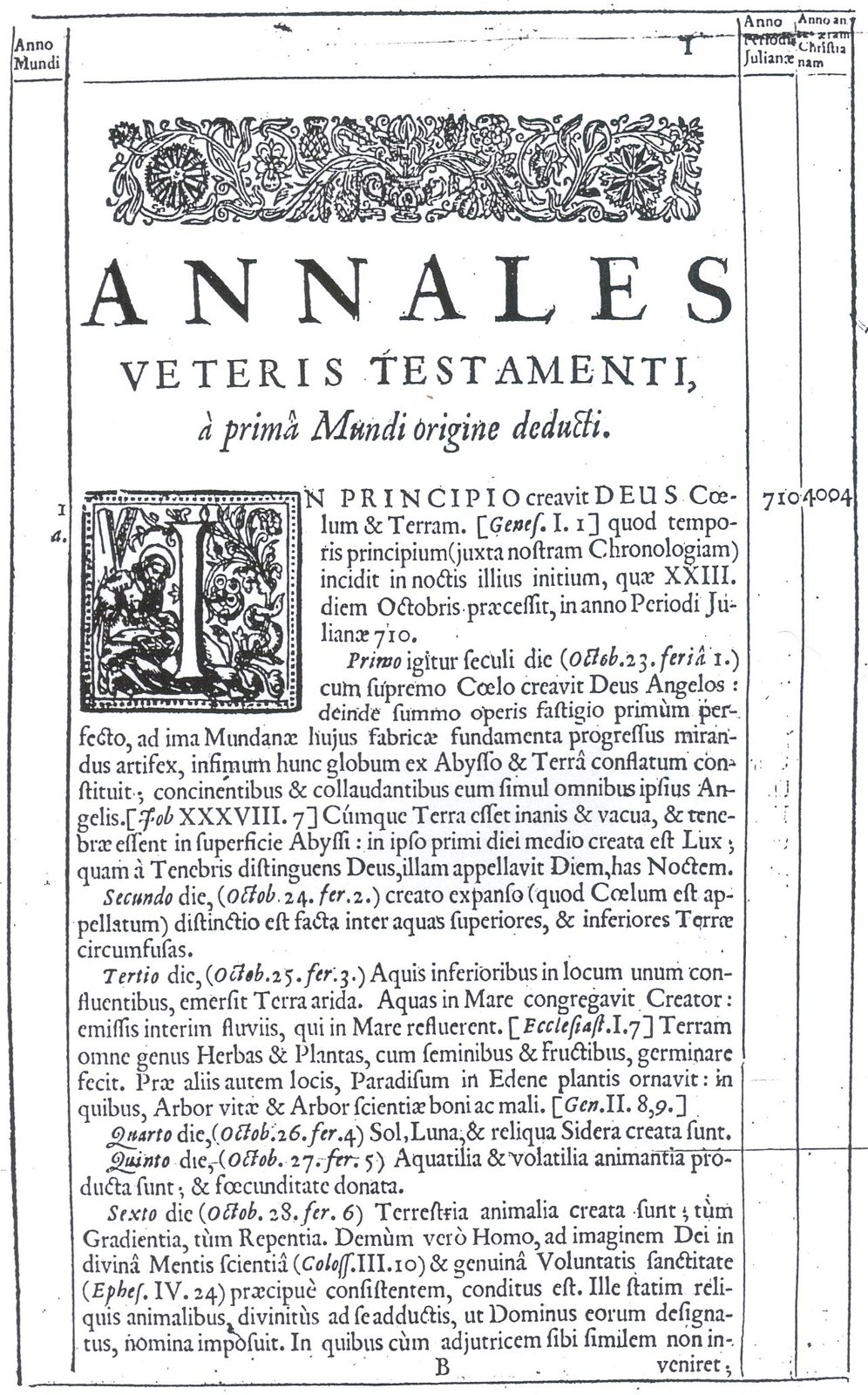 The opening page of Ussher's Annales Veteris Testamenti, with the year 4004 printed in the margin. James Ussher, public domain, via Wikimedia Commons